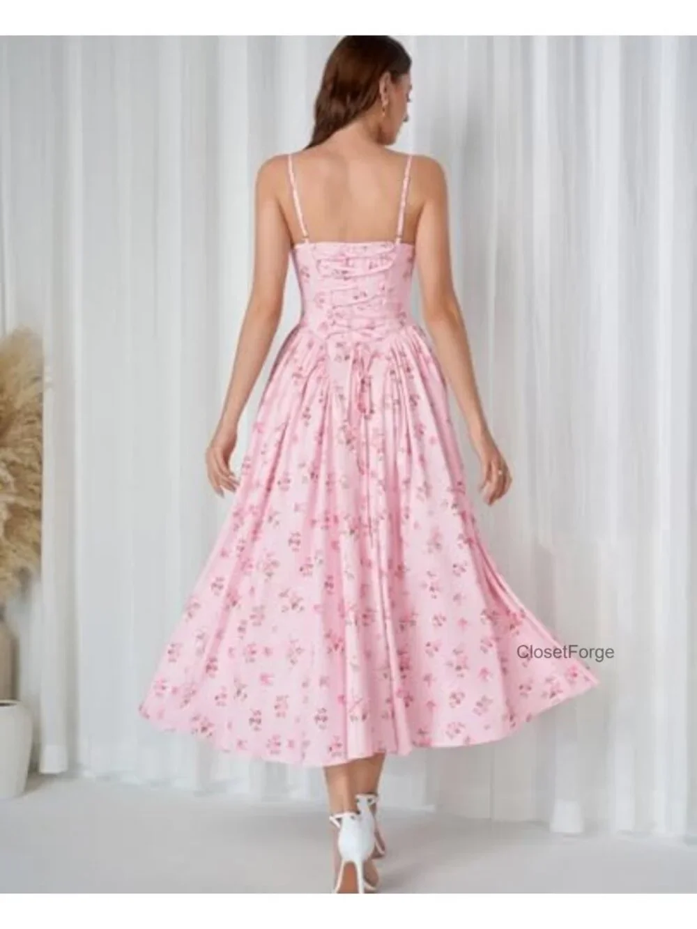 Flowy Fit & Flare Midi Dress, Lace Up Back, V-Neck, Adjustable Straps, High